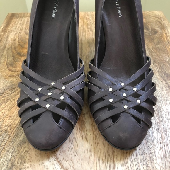 Calvin Klein Junya brown leather braided heels 10 - Picture 3 of 8